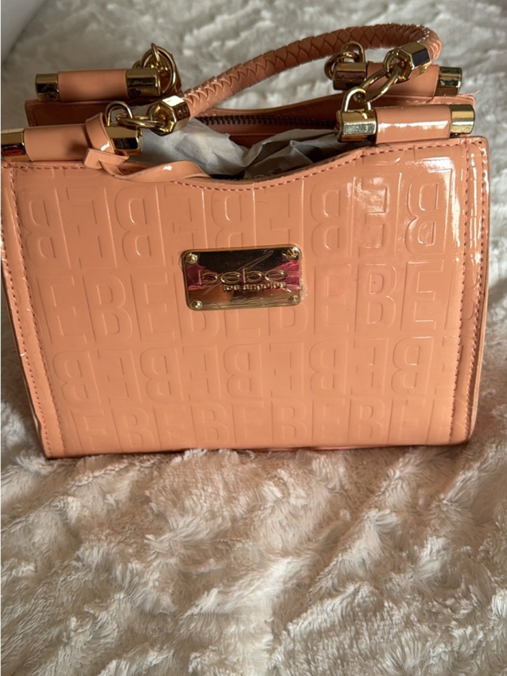 bebe Peach Patent Satchel with Gold Hardware and Braided Handles